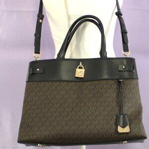 Michael Kors Brown MK Signature Satchel Tote w/ Black Leather Trim